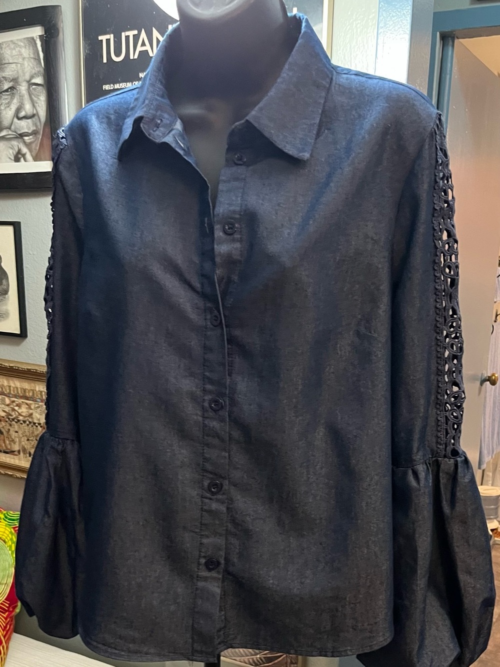 Blue Lace-Sleeve Button-Up Shirt